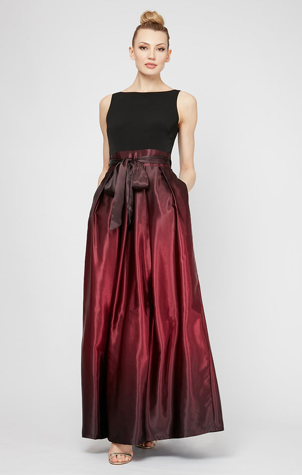 S.L. Fashions Sleeveless Gown With Satin Ombre Skirt & Tie Belt