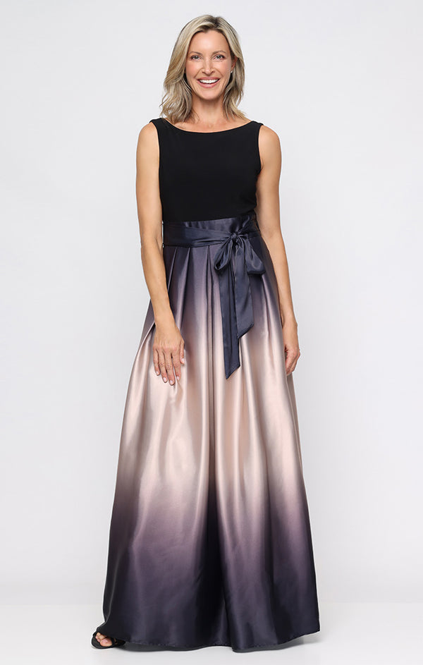 S.L. Fashions Sleeveless Gown With Satin Ombre Skirt & Tie Belt
