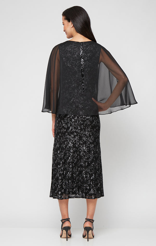 S.L. Fashions Tea Length Printed Sequin Dress With Chiffon Overlay Bodice