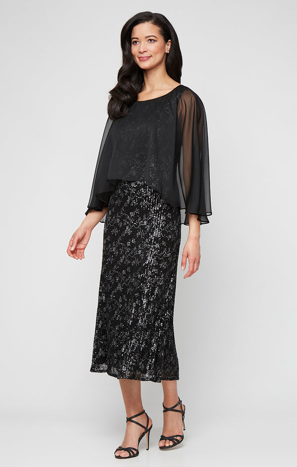 S.L. Fashions Tea Length Printed Sequin Dress with Chiffon Overlay Bodice