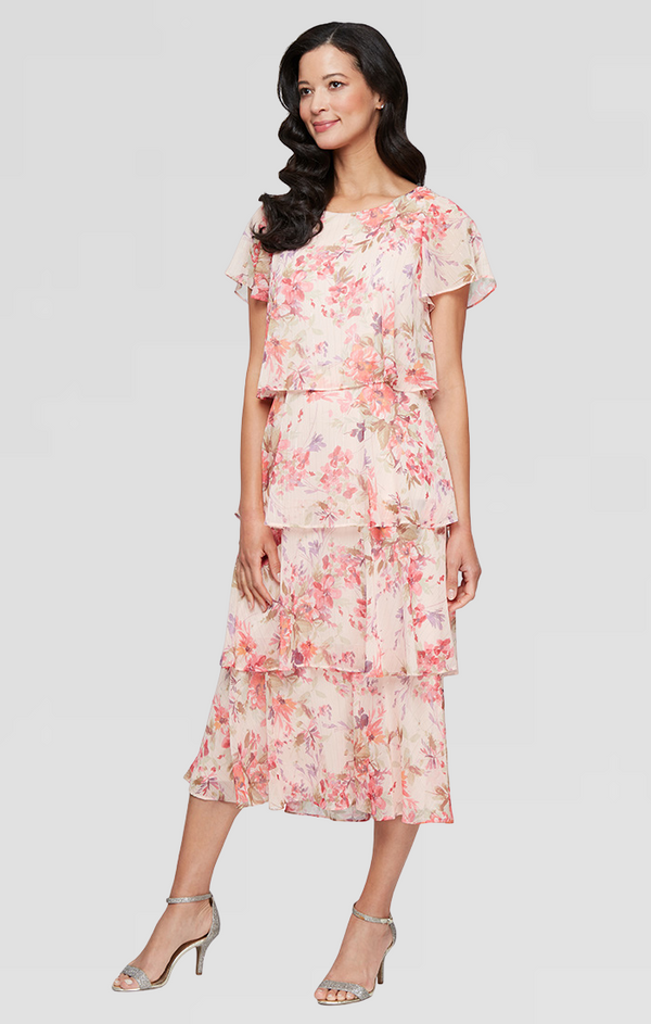 S.L. Fashions Tea Length Printed Tiere Dress with Embellishment Detail at Shoulder