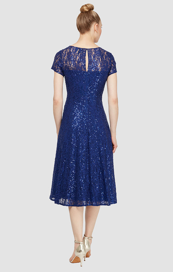 S.L. Fashions Tea Length Sequin Lace Party Dress With Cap Sleeves