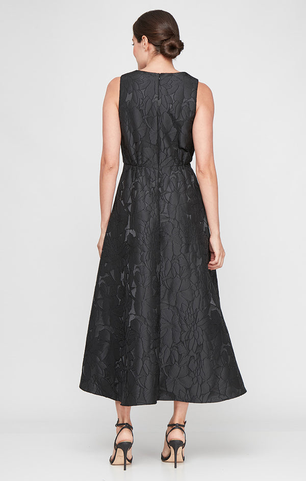 S.L. Fashions Tea-Length Sleeveless Jacquard Surplice Neckline High/Low Dress