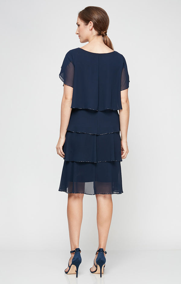 S.L. Fashions Tiered Chiffon Cocktail Dress With Bugle Beaded Trim And Flutter Sleeves