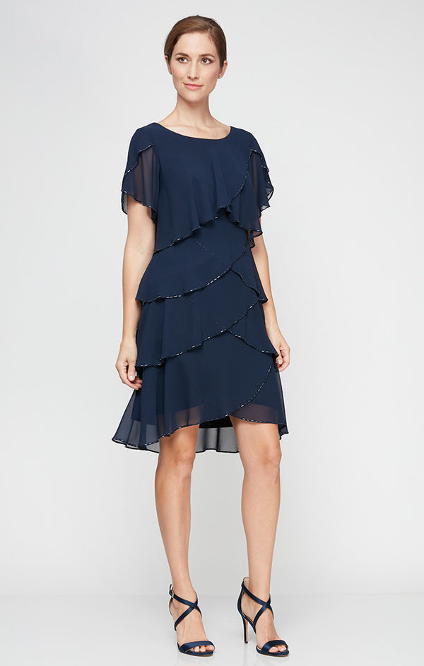 S.L. Fashions Tiered Chiffon Cocktail Dress with Bugle Beaded Trim and Flutter Sleeves