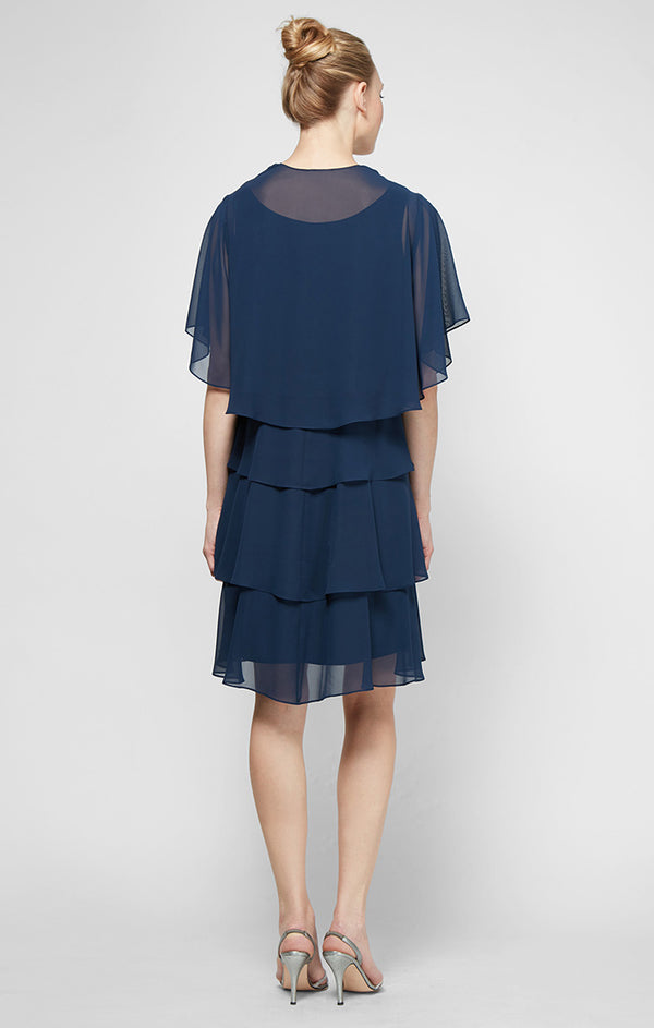 S.L. Fashions Tiered Chiffon Jacket Dress With Beaded Neck Detail