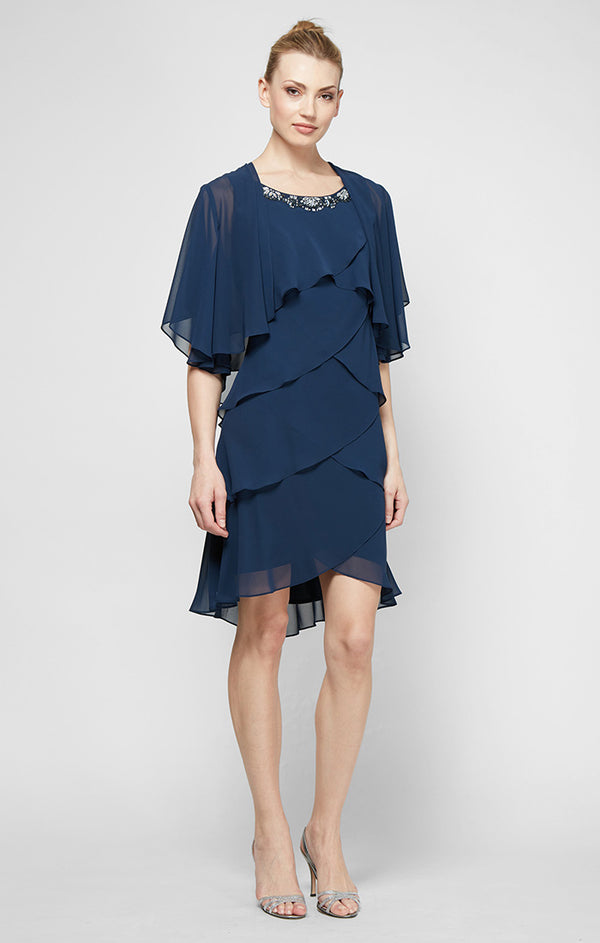 S.L. Fashions Tiered Chiffon Jacket Dress with Beaded Neck Detail S.L. Fashions Tiered Chiffon Jacket Dress with Beaded Neck Detail