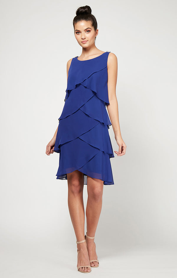 S.L. Fashions Tulip Tiered Chiffon Cocktail Dress With Barrel Pins