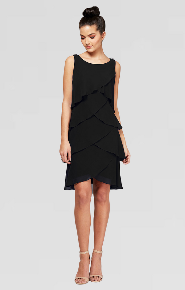 S.L. Fashions Tulip Tiered Chiffon Cocktail Dress with Barrel Pins