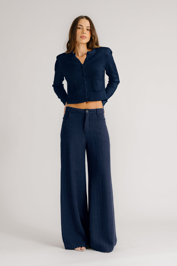 sablyn ADRIANNA PINSTRIPED EXAGGERATED WIDE LEG PANT | MIDNIGHT NAVY