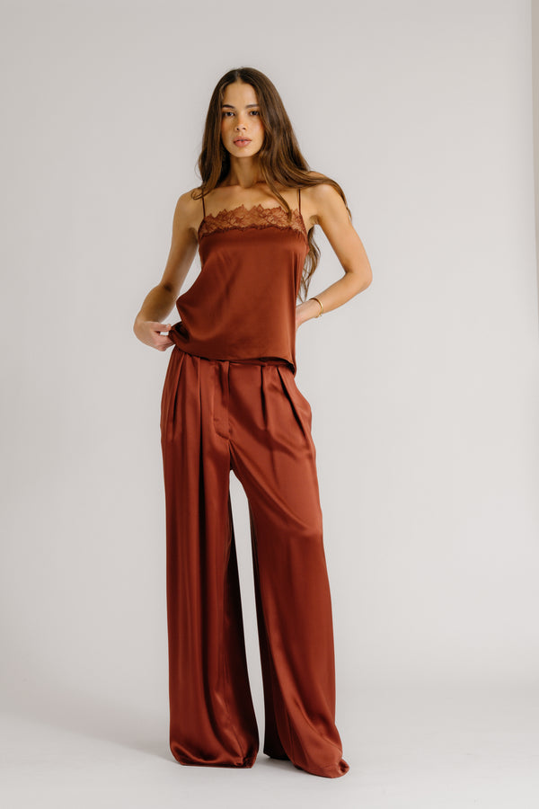 Sablyn BROOKE HIGH RISE DOUBLE PLEAT SILK TROUSER | MAHOGANY