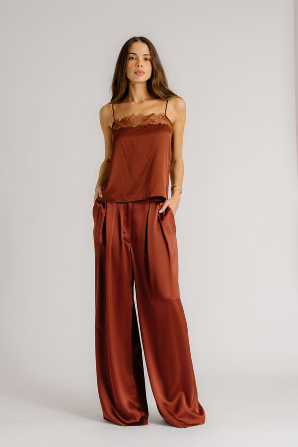 sablyn BROOKE HIGH RISE DOUBLE PLEAT SILK TROUSER | MAHOGANY