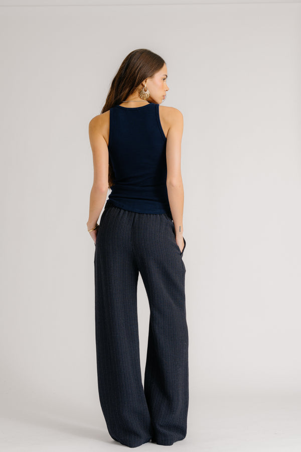 Sablyn BRYNN PINSTRIPED HIGH RISE PULL ON WIDE LEG PANT | MIDNIGHT NAVY
