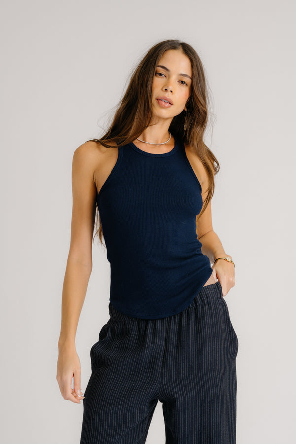Sablyn BRYNN PINSTRIPED HIGH RISE PULL ON WIDE LEG PANT | MIDNIGHT NAVY