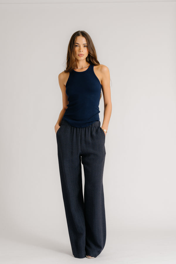 sablyn BRYNN PINSTRIPED HIGH RISE PULL ON WIDE LEG PANT | MIDNIGHT NAVY