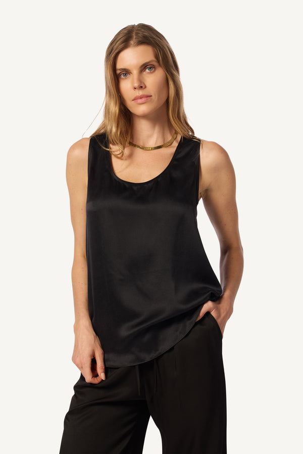 sablyn CLAUDIA SILK SCOOP NECK RACERBACK TANK | BLACK