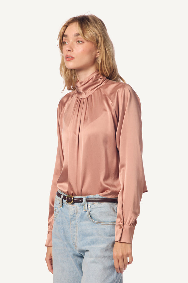 sablyn COSETTE MOCK NECK LONG SLEEVE SILK BLOUSE | DEEP APRICOT