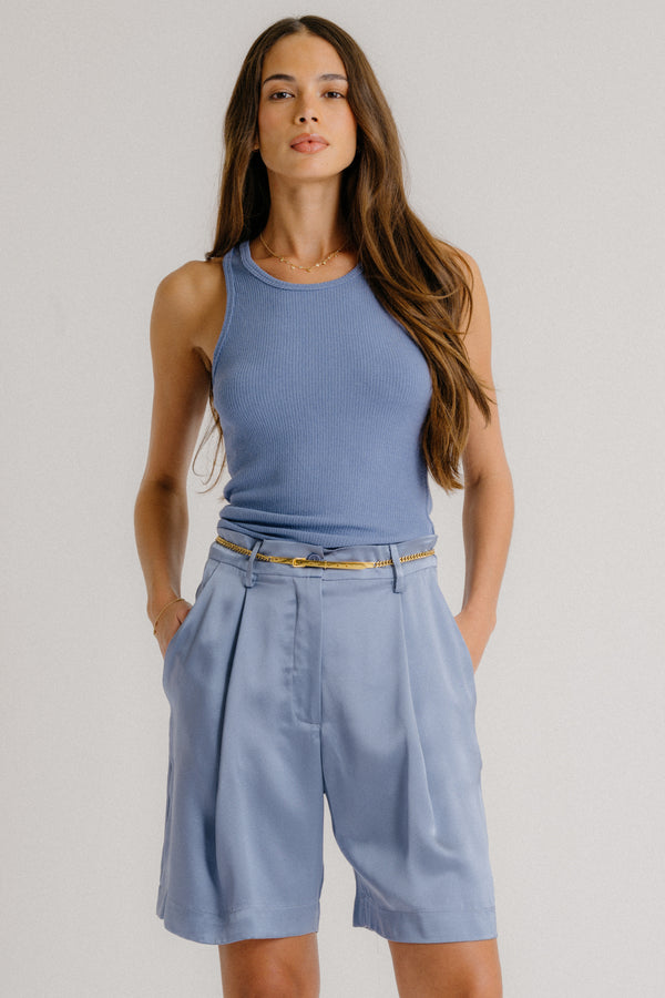 sablyn EMERSON HIGH RISE PLEATED SILK SHORT | PERIWINKLE