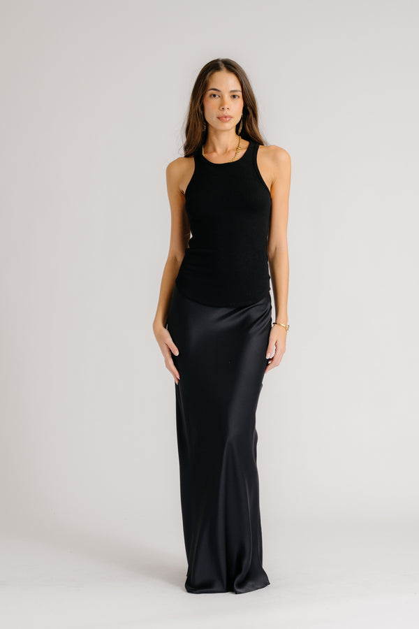 sablyn GRACE SCALLOP TRIM BIAS CUT MAXI SILK SKIRT | BLACK