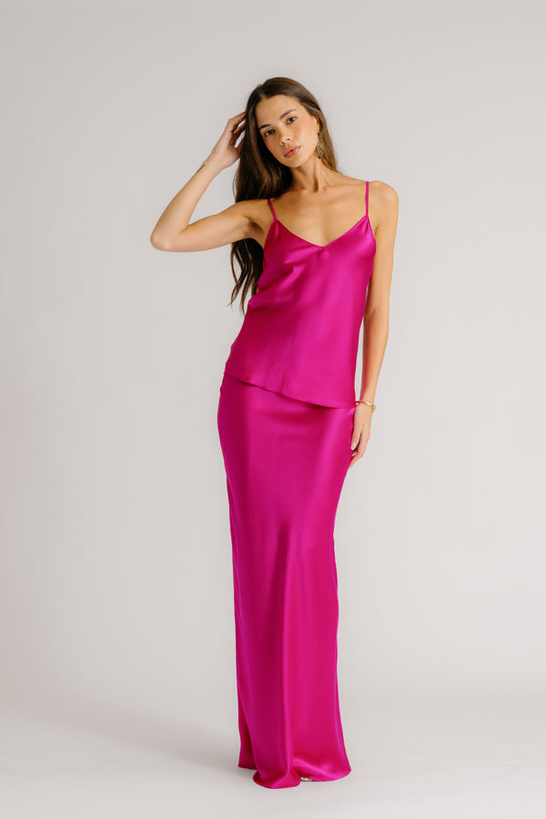 Sablyn GRACE SCALLOP TRIM BIAS CUT MAXI SILK SKIRT | MAGENTA