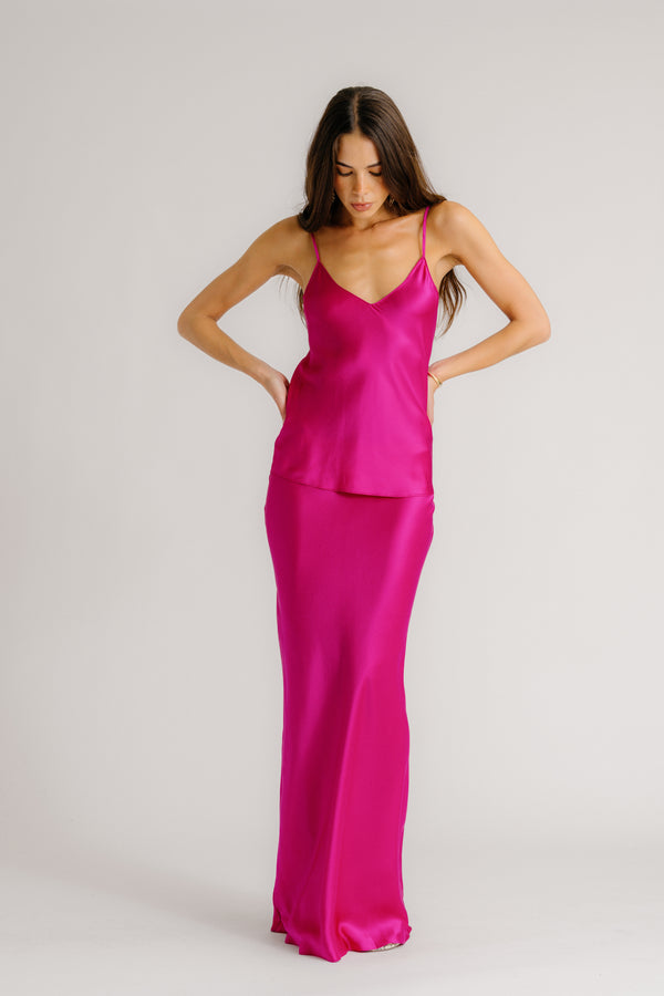 sablyn GRACE SCALLOP TRIM BIAS CUT MAXI SILK SKIRT | MAGENTA