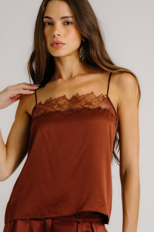 Sablyn HAYA LACE TRIM SQUARE NECK SILK CAMI | MAHOGANY