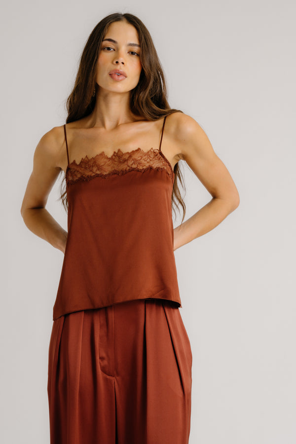 sablyn HAYA LACE TRIM SQUARE NECK SILK CAMI | MAHOGANY