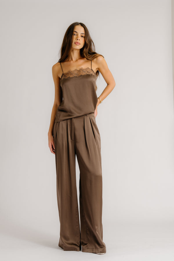 Sablyn HAYA LACE TRIM SQUARE NECK SILK CAMI | SWISS BROWN