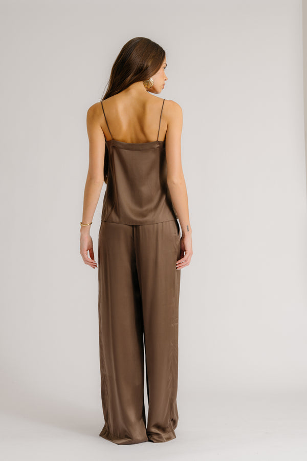 Sablyn HAYA LACE TRIM SQUARE NECK SILK CAMI | SWISS BROWN