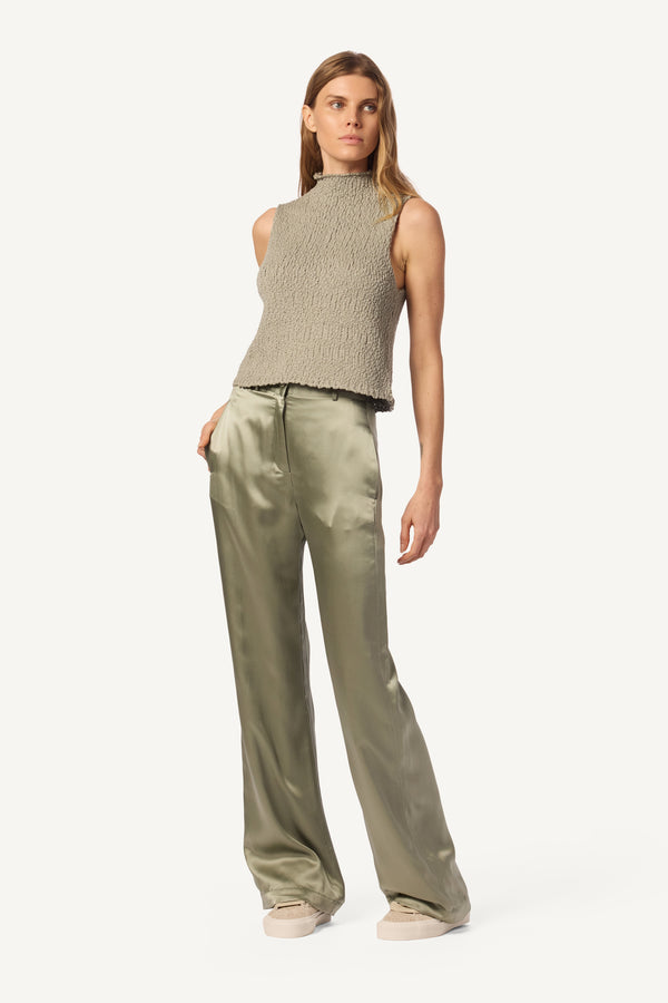 sablyn LEELAND FLAT FRONT PLEATED SILK TROUSER | EUCALYPTUS