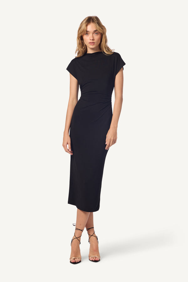 Sablyn MESA SANDWASHED SLOUCHY MOCK NECK MIDI DRESS | BLACK