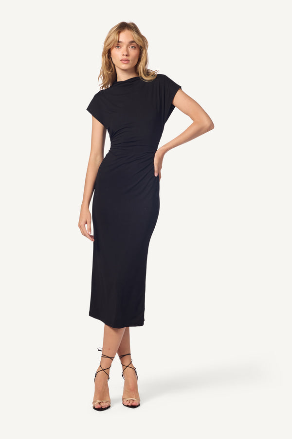 sablyn MESA SANDWASHED SLOUCHY MOCK NECK MIDI DRESS | BLACK