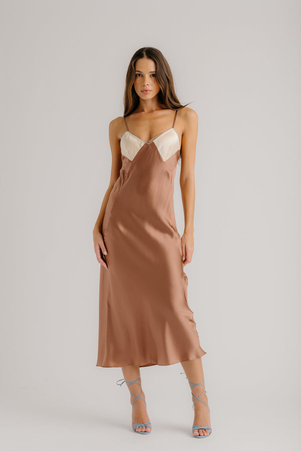 sablyn RORY COLORBLOCK V-NECK BIAS CUT SILK DRESS | PRAIRIE SAND MULTI