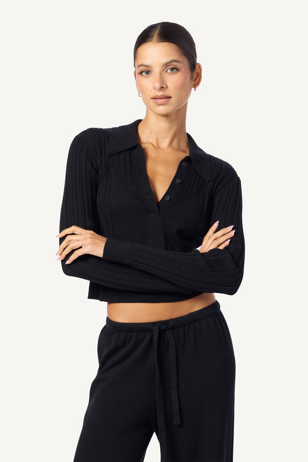 sablyn FRANCES CROPPED COLLARED HENLEY | BLACK