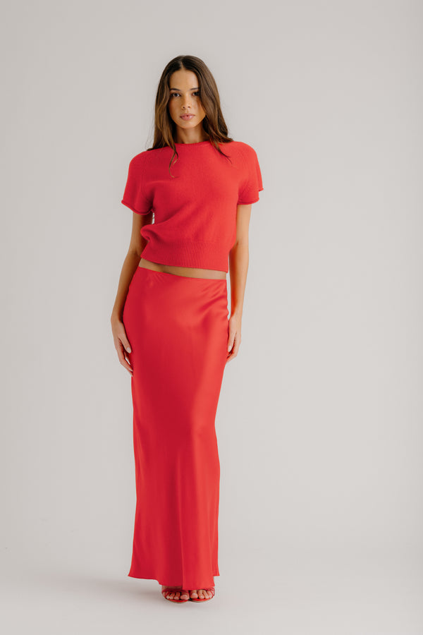 sablyn GRACE SCALLOP TRIM SILK MAXI SKIRT | SCARLET