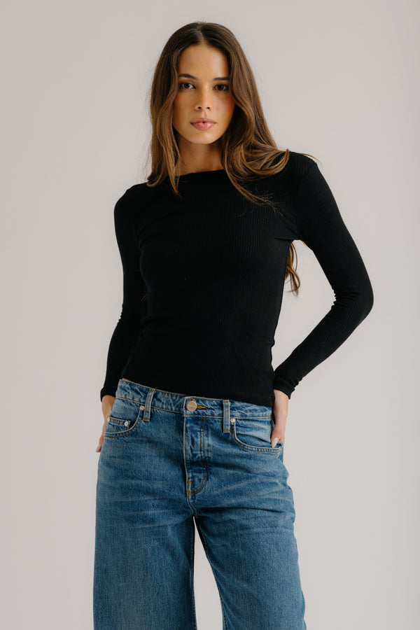 sablyn QUINCY L/S FITTED CREWNECK RIB TOP | BLACK