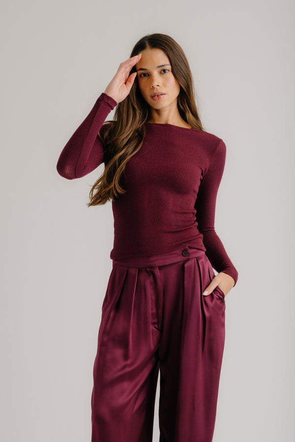 Sablyn QUINCY LS FITTED CREWNECK TEE | BORDEAUX