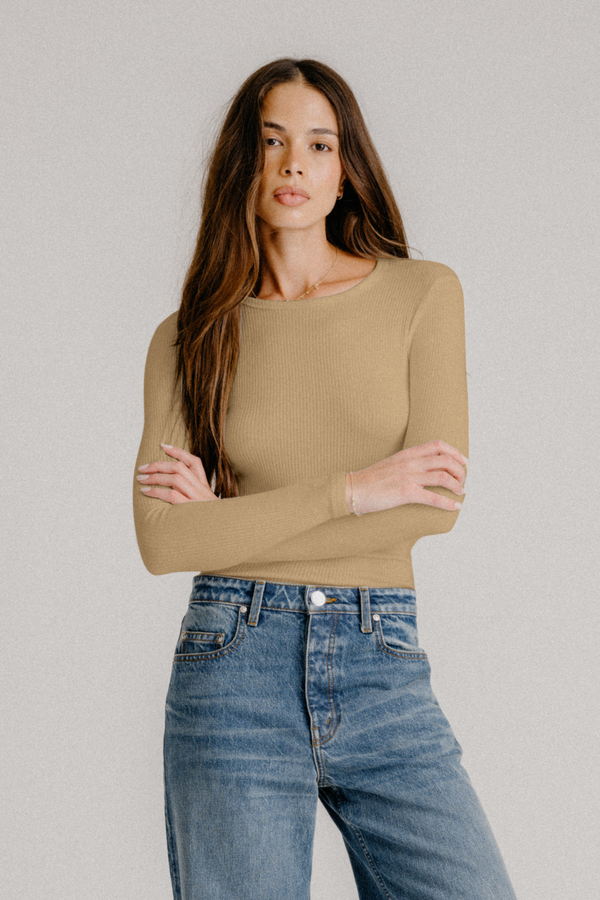 sablyn QUINCY LS FITTED CREWNECK TEE | CAMEL