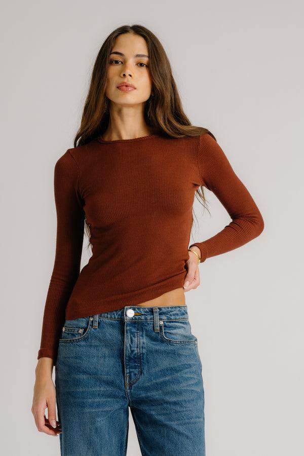 sablyn QUINCY LS FITTED CREWNECK TEE | MAHOGANY