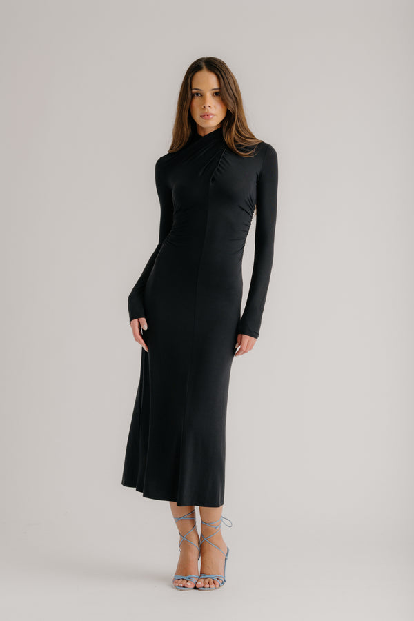 Sablyn QUINN CROSSOVER MOCK NECK MIDI DRESS | BLACK