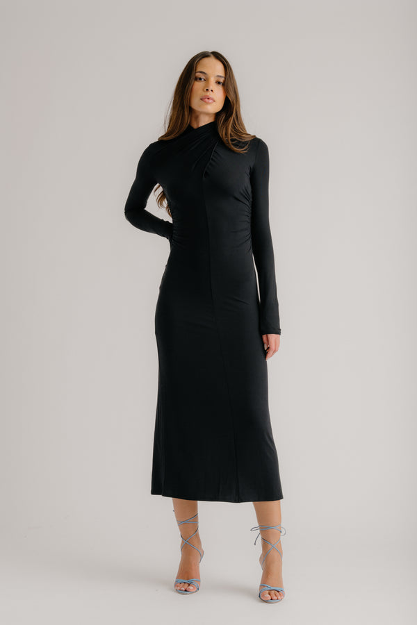 Sablyn QUINN CROSSOVER MOCK NECK MIDI DRESS | BLACK