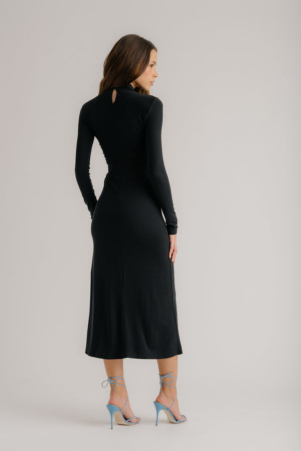 Sablyn QUINN CROSSOVER MOCK NECK MIDI DRESS | BLACK