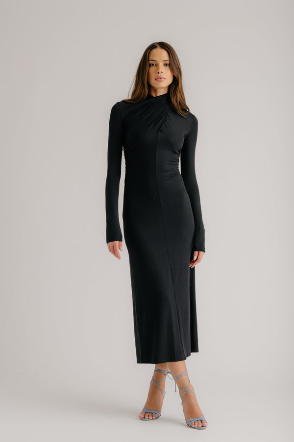 sablyn QUINN CROSSOVER MOCK NECK MIDI DRESS | BLACK