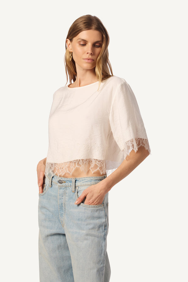 Sablyn SILVIA SLOUCHY TEE W/ LACE TRIM | WHITE