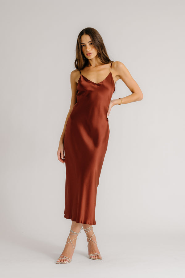 Sablyn TAYLOR V-NECK BIAS CUT SILK DRESS | MAHOGANY