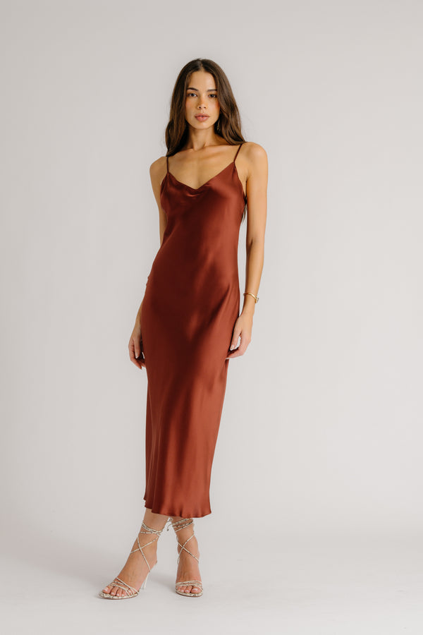 sablyn TAYLOR V-NECK BIAS CUT SILK DRESS | MAHOGANY