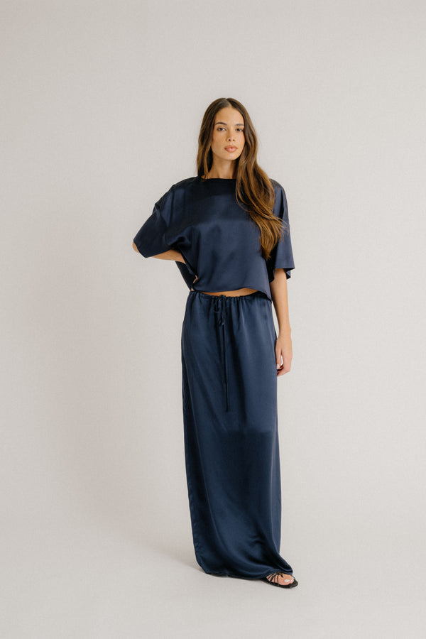 Sablyn SOL DRAWSTRING SILK MAXI SKIRT | MIDNIGHT NAVY