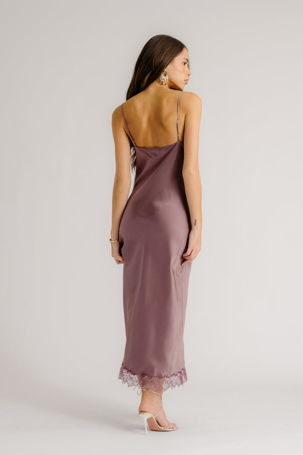 Sablyn TAYLOR V-NECK BIAS CUT SILK DRESS W/ LACE | DUSTY VIOLET
