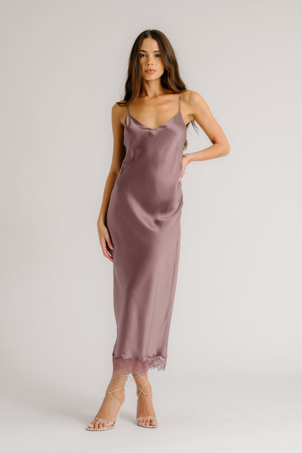 sablyn TAYLOR V-NECK BIAS CUT SILK DRESS W/ LACE | DUSTY VIOLET