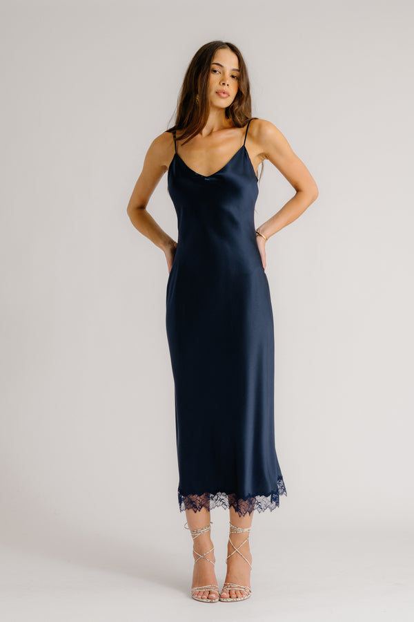 Sablyn TAYLOR V-NECK BIAS CUT SILK DRESS W/ LACE | MIDNIGHT NAVY